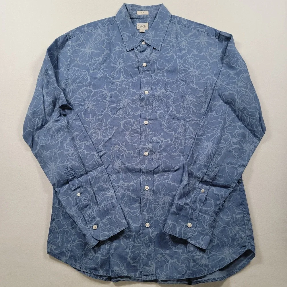 J Crew Slim Linen Shirt‎ Mens L Blue Hibiscus Tropical Floral Summer Coastal